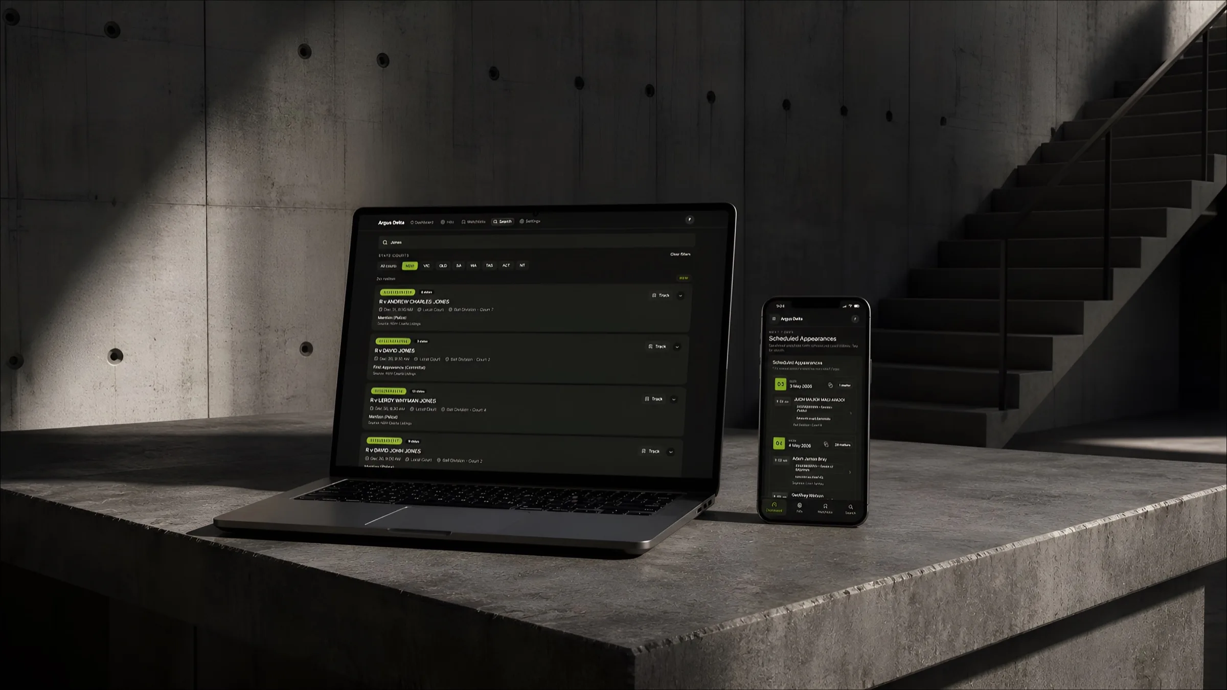 Argus Delta court monitoring dashboard shown on a laptop and phone.